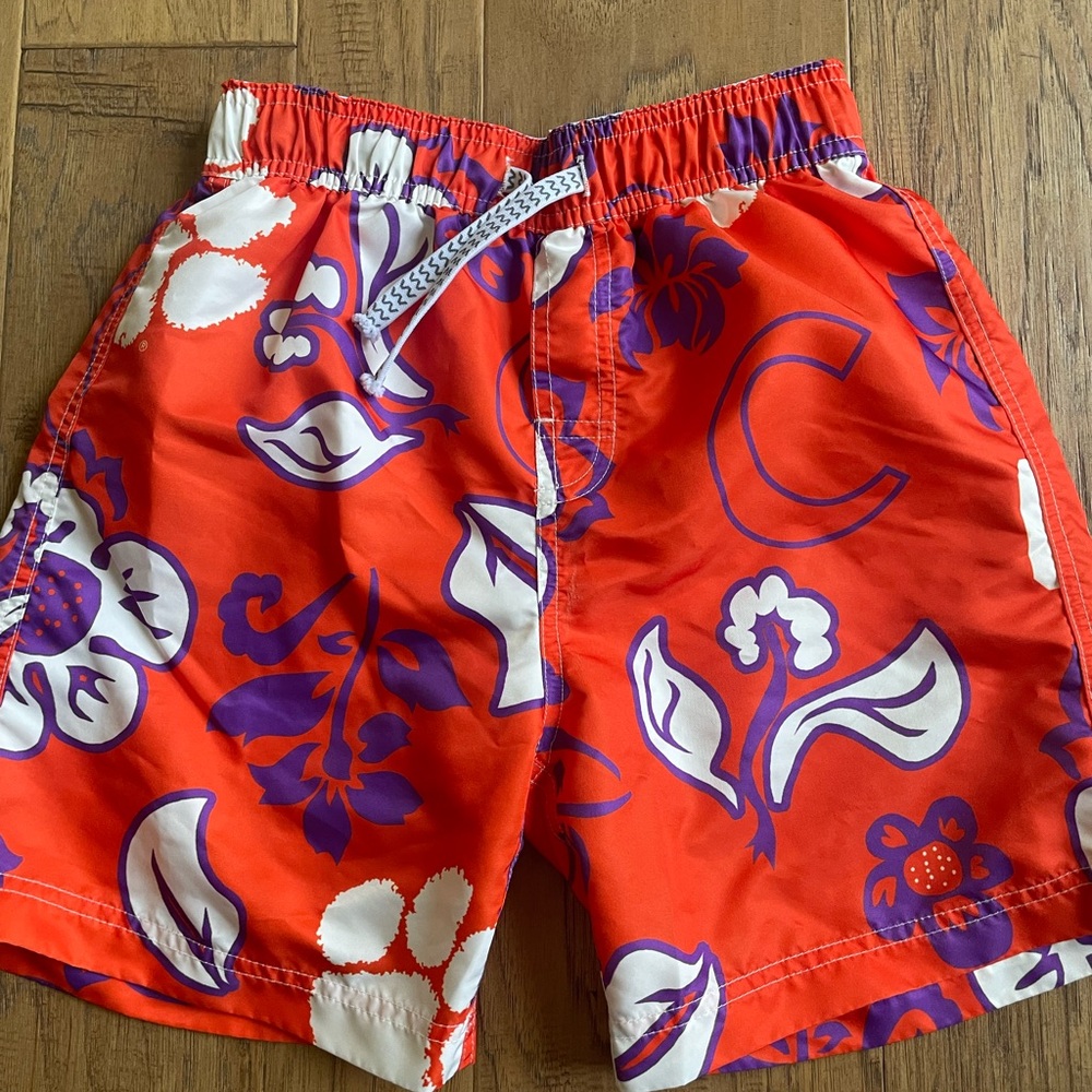 Clemson Kids Swim Trunks - Orange and Purple Floral Design size medium